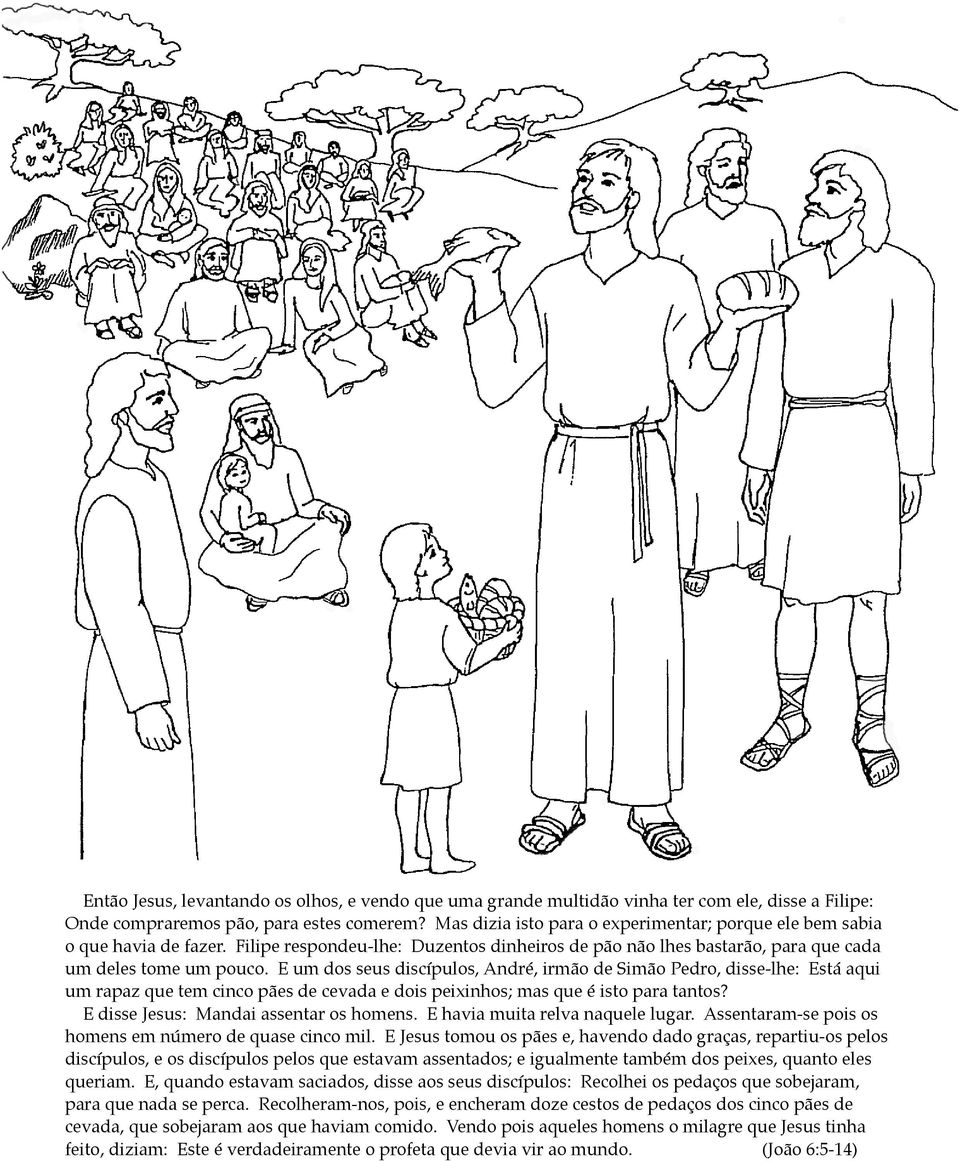 E um dos seus discípulos, André, irmão de Simão Pedro, disse-lhe: Está aqui um rapaz que tem cinco pães de cevada e dois peixinhos; mas que é isto para tantos?