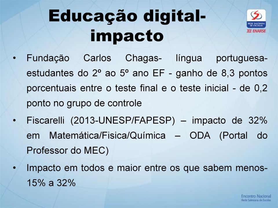 grupo de controle Fiscarelli (2013-UNESP/FAPESP) impacto de 32% em Matemática/Fisica/Química