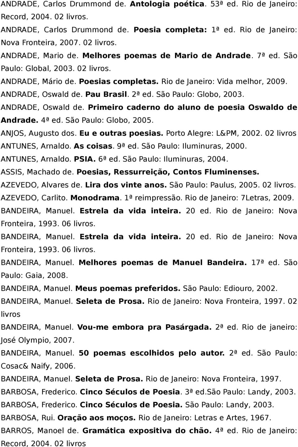 2ª ed. São Paulo: Globo, 2003. ANDRADE, Oswald de. Primeiro caderno do aluno de poesia Oswaldo de Andrade. 4ª ed. São Paulo: Globo, 2005. ANJOS, Augusto dos. Eu e outras poesias.