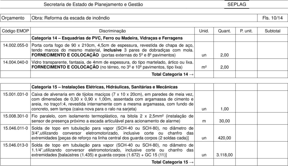 FORNECIMENTO E COLOCAÇÃO (portas externas do 5º e 8º pavimentos) un 2,00 14.004.040-0 Vidro transparente, fantasia, de 4mm de espessura, do tipo martelado, ártico ou lixa.