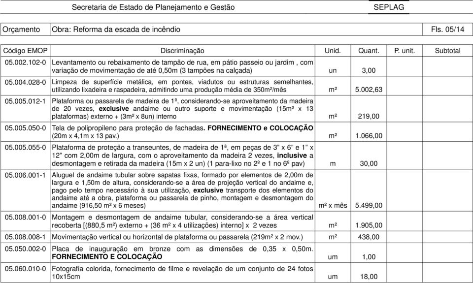 028-0 Limpeza de superfície metálica, em pontes, viadutos ou estruturas semelhantes, utilizando lixadeira e raspadeira, admitindo uma produção média de 350m²/mês m² 5.002,63 05.005.