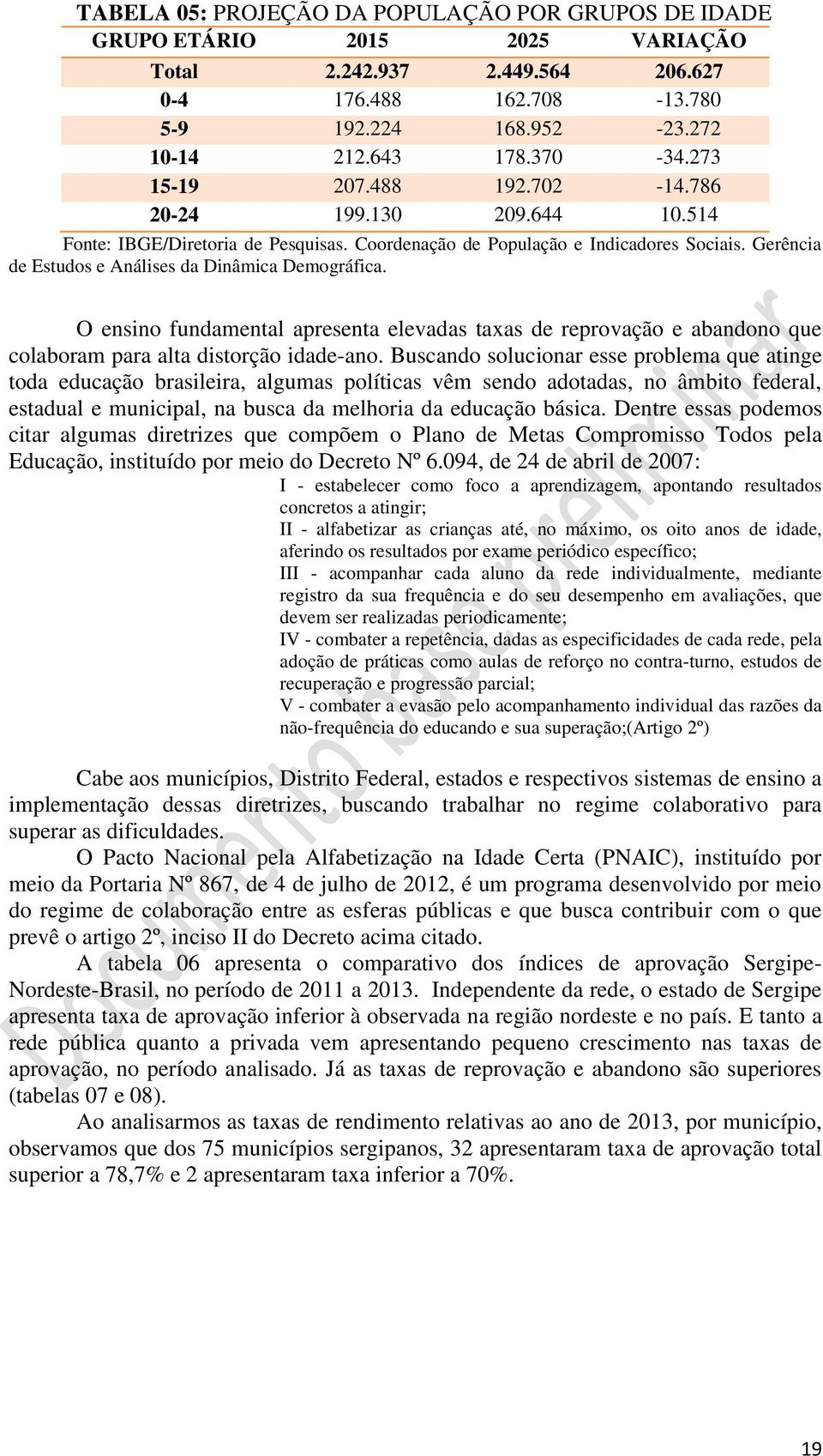 Gerência de Estudos e Análises da Dinâmica Demográfica. O ensino fundamental apresenta elevadas taxas de reprovação e abandono que colaboram para alta distorção idade-ano.