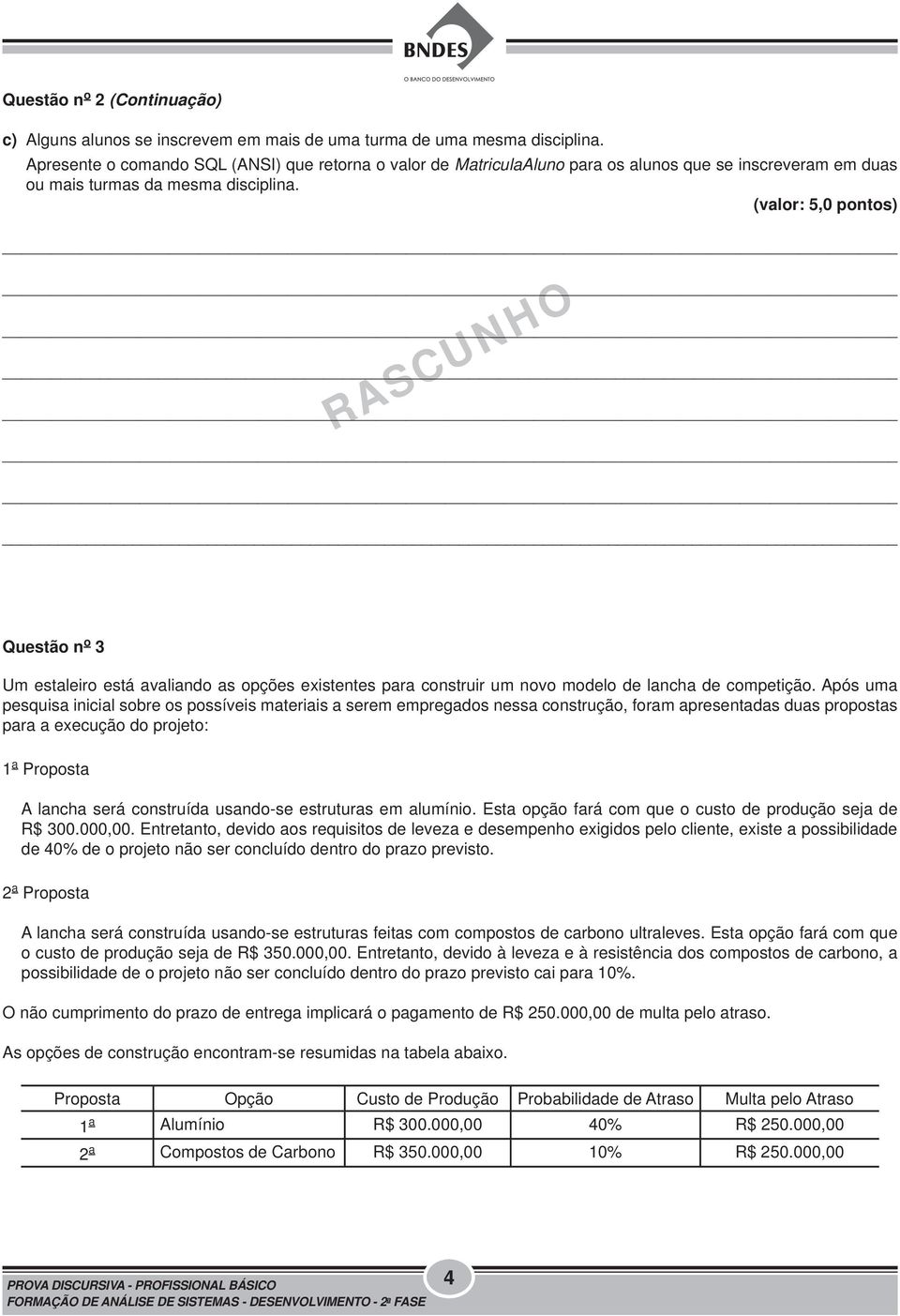 _ Questão n o 3 Um estaleiro está avaliando as opções existentes para construir um novo modelo de lancha de competição.