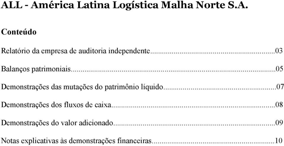 ..07 Demonstrações dos fluxos de caixa...08 Demonstrações do valor adicionado.