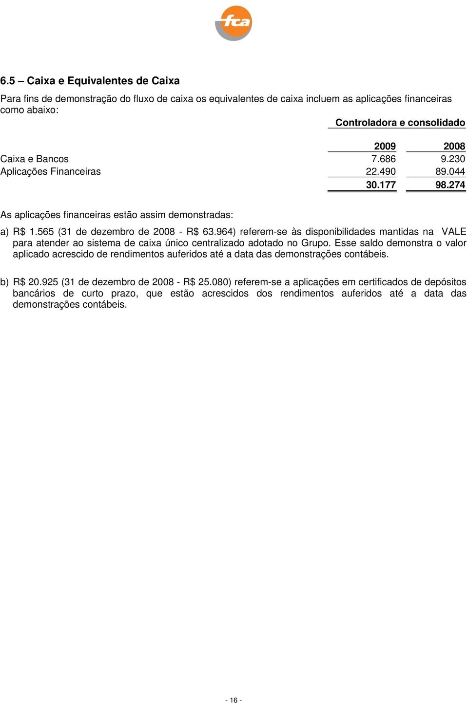 964) referem-se às disponibilidades mantidas na VALE para atender ao sistema de caixa único centralizado adotado no Grupo.