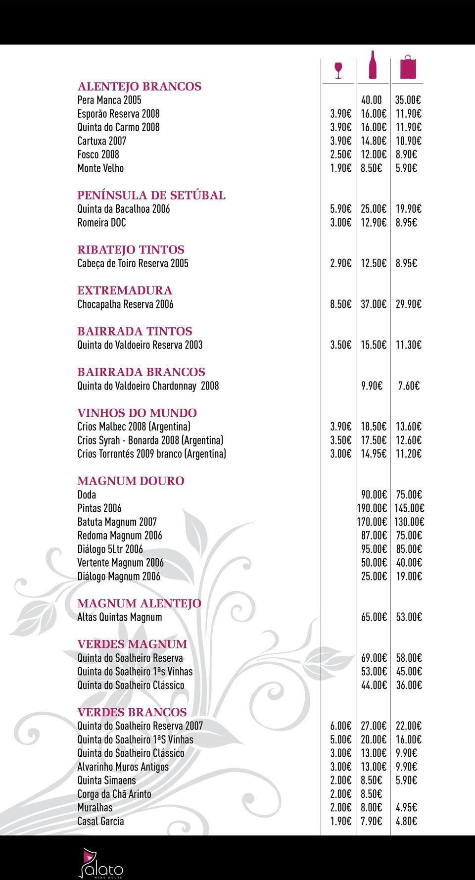 50 37.00 29.90 BAIRRADA TINTOS Quinta do Valdoeiro Reserva 2003 3.50 15.50 11.30 BAIRRADA BRANCOS Quinta do Valdoeiro Chardonnay 2008 9.90 7.60 VINHOS DO MUNDO Crios Malbec 2008 (Argentina) 3.90 18.