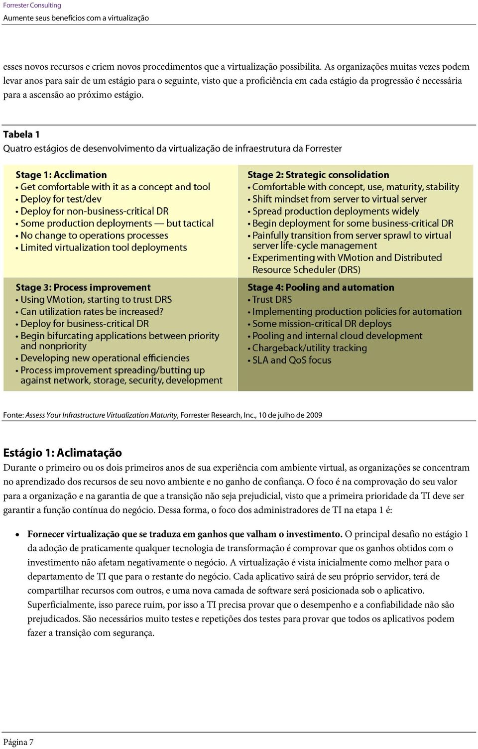 Tabela 1 Quatro estágios de desenvolvimento da virtualização de infraestrutura da Forrester Fonte: Assess Your Infrastructure Virtualization Maturity, Forrester Research, Inc.