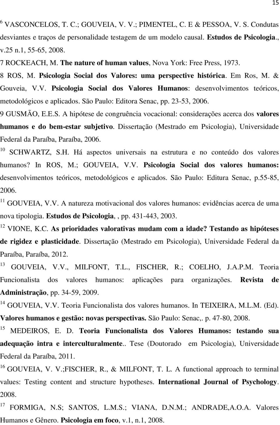 São Paulo: Editora Senac, pp. 23-53, 2006. 9 GUSMÃO, E.E.S. A hipótese de congruência vocacional: considerações acerca dos valores humanos e do bem-estar subjetivo.