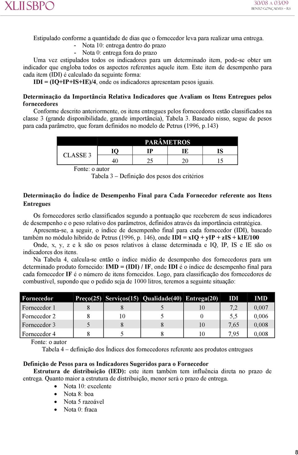 referentes aquele item. Este item de desempenho para cada item (IDI) é calculado da seguinte forma: IDI = (IQ+IP+IS+IE)/4, onde os indicadores apresentam pesos iguais.