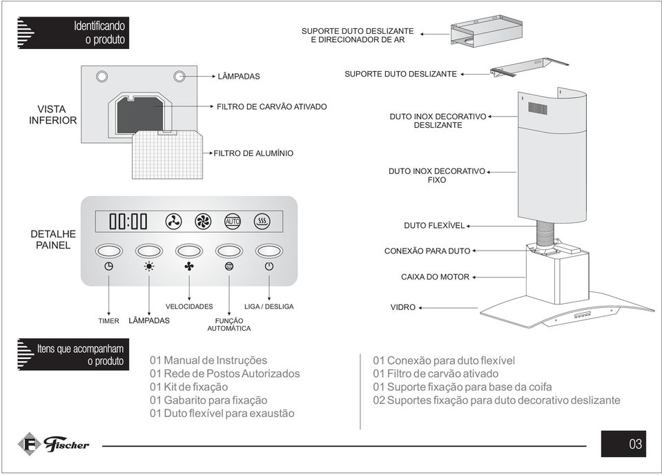 LÂMPADAS VELOCIDADES FUNÇÃO AUTOMÁTICA LIGA / DESLIGA 01 Manual de Instruções 01 Rede de Postos Autorizados 01 Kit de fixação 01 Gabarito para fixação 01 Duto