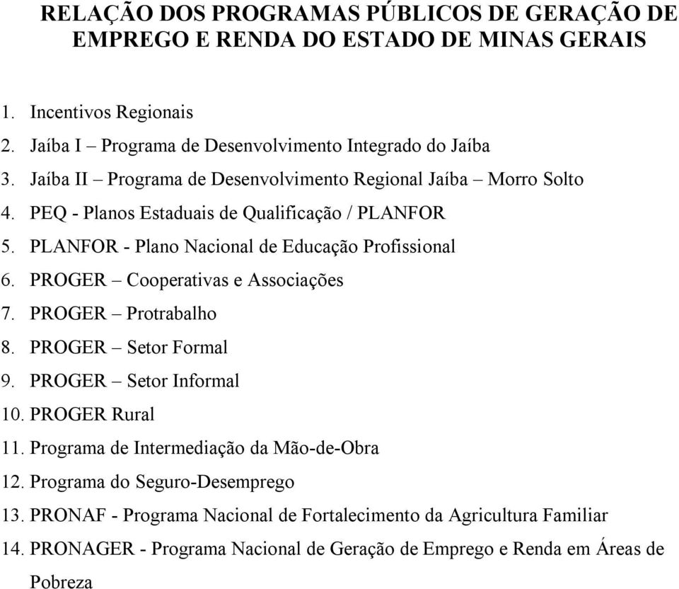 PLANFOR - Plano Nacional de Educação Profissional 6. PROGER Cooperativas e Associações 7. PROGER Protrabalho 8. PROGER Setor Formal 9. PROGER Setor Informal 10.