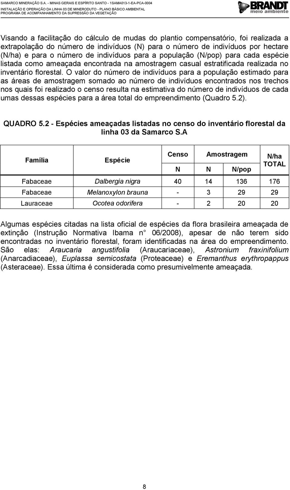 O valor do número de indivíduos para a população estimado para as áreas de amostragem somado ao número de indivíduos encontrados nos trechos nos quais foi realizado o censo resulta na estimativa do