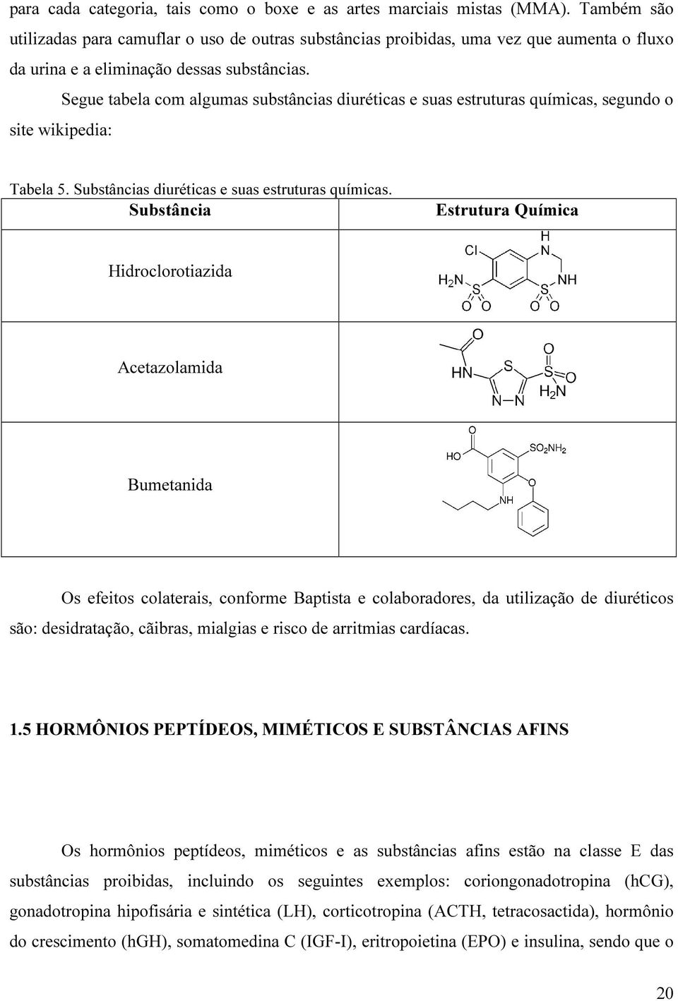 Segue tabela com algumas substâncias diuréticas e suas estruturas químicas, segundo o site wikipedia: Tabela 5. Substâncias diuréticas e suas estruturas químicas.