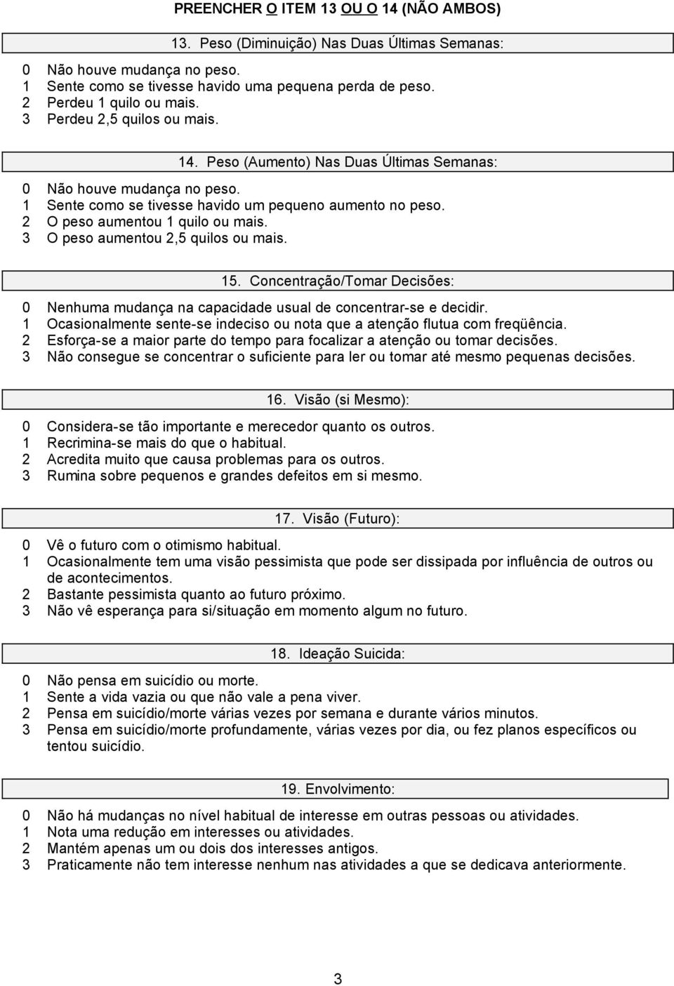 3 O peso aumentou 2,5 quilos ou mais. 15. Concentração/Tomar Decisões: 0 Nenhuma mudança na capacidade usual de concentrar-se e decidir.