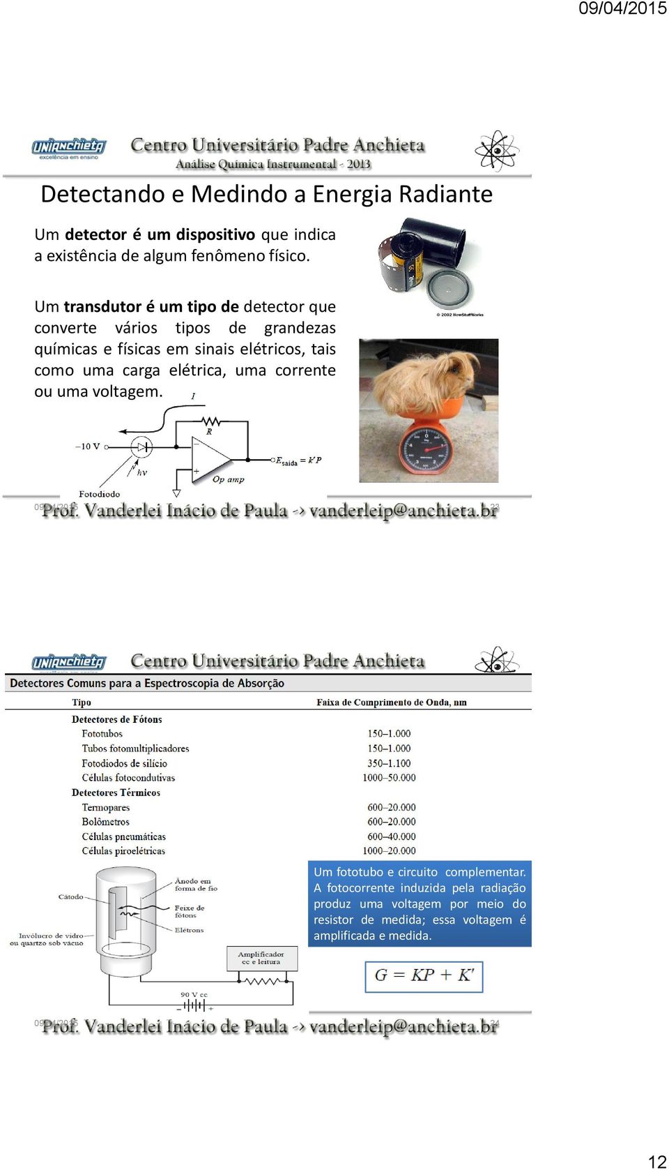 como uma carga elétrica, uma corrente ou uma voltagem. 09/04/2015 23 Um fototubo e circuito complementar.