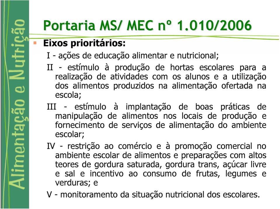 utilização dos alimentos produzidos na alimentação ofertada na escola; III - estímulo à implantação de boas práticas de manipulação de alimentos nos locais de produção e