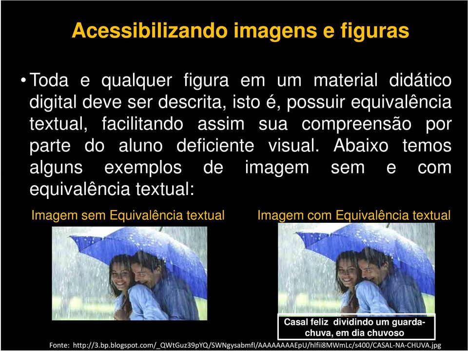 Abaixo temos alguns exemplos de imagem sem e com equivalência textual: Imagem sem Equivalência textual Imagem com Equivalência