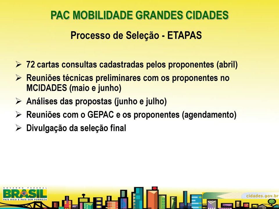 com os proponentes no MCIDADES (maio e junho) Análises das propostas (junho e