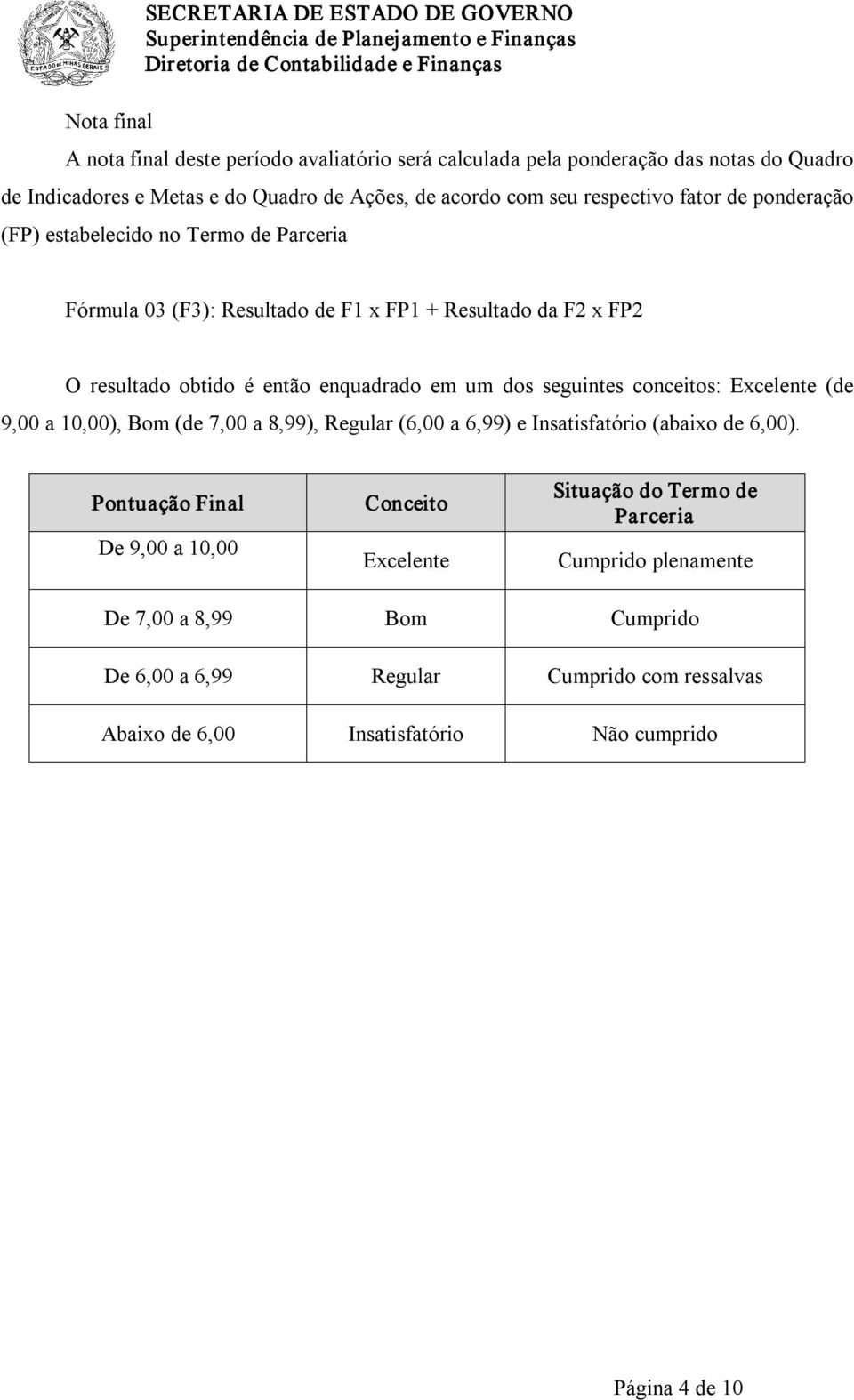 enquadrado em um dos seguintes conceitos: Excelente (de 9,00 a 10,00), Bom (de 7,00 a 8,99), Regular (6,00 a 6,99) e Insatisfatório (abaixo de 6,00).