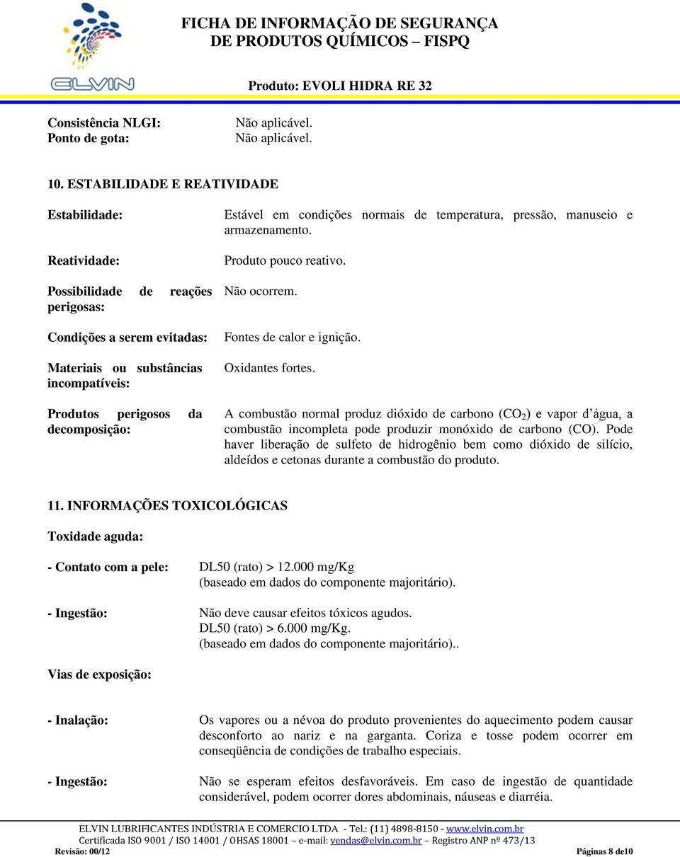 Estável em condições normais de temperatura, pressão, manuseio e armazenamento. Produto pouco reativo. Não ocorrem. Fontes de calor e ignição. Oxidantes fortes.