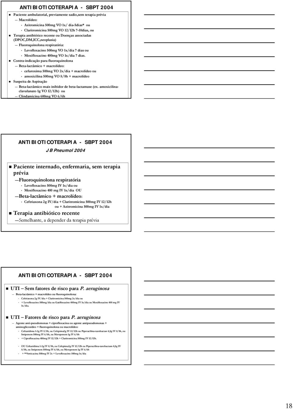 Contra-indicação para fluoroquinolona Beta-lactâmico + macrolídeo: cefuroxima 500mg VO 2x/dia + macrolídeo ou amoxicilina 500mg VO 8/8h + macrolídeo Suspeita de Aspiração Beta-lactâmico mais inibidor