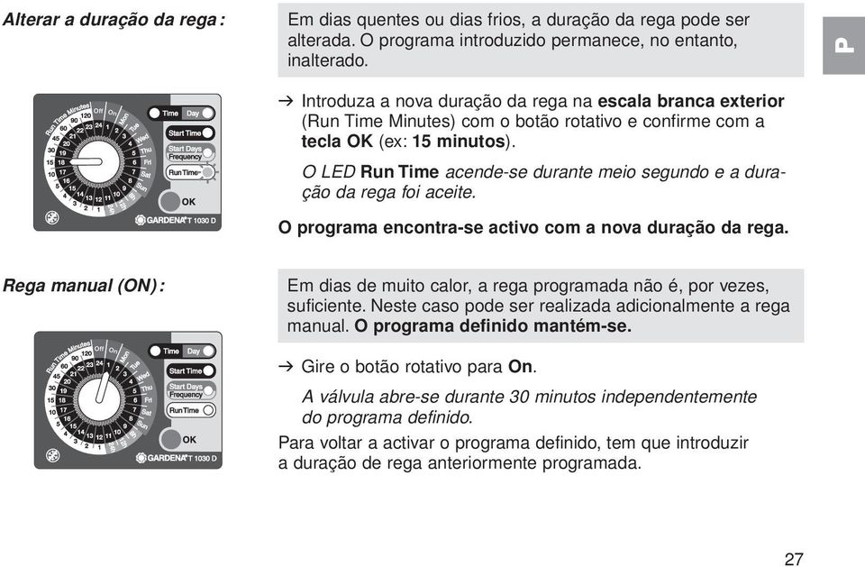 O LED Run Time acende-se durante meio segundo e a duração da rega foi aceite. O programa encontra-se activo com a nova duração da rega.