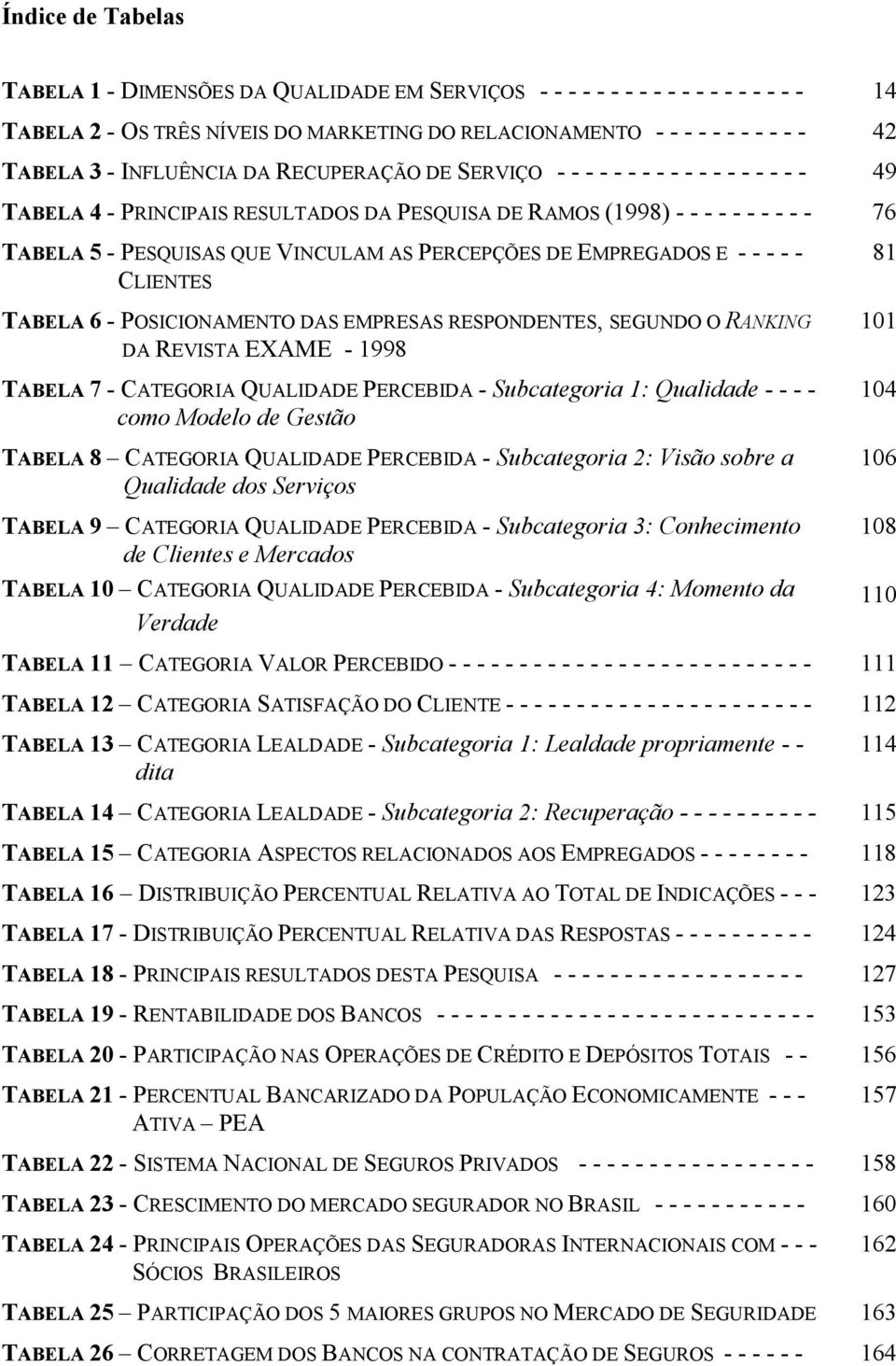 PERCEPÇÕES DE EMPREGADOS E - - - - - 81 CLIENTES TABELA 6 - POSICIONAMENTO DAS EMPRESAS RESPONDENTES, SEGUNDO O RANKING 101 DA REVISTA EXAME - 1998 TABELA 7 - CATEGORIA QUALIDADE PERCEBIDA -