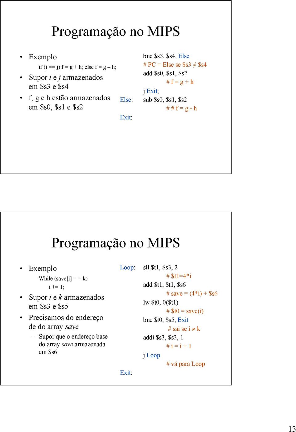 1; Supor i e k armazenados em $s3 e $s5 Precisamos do endereço de do array save Supor que o endereço base do array save armazenada em $s6.