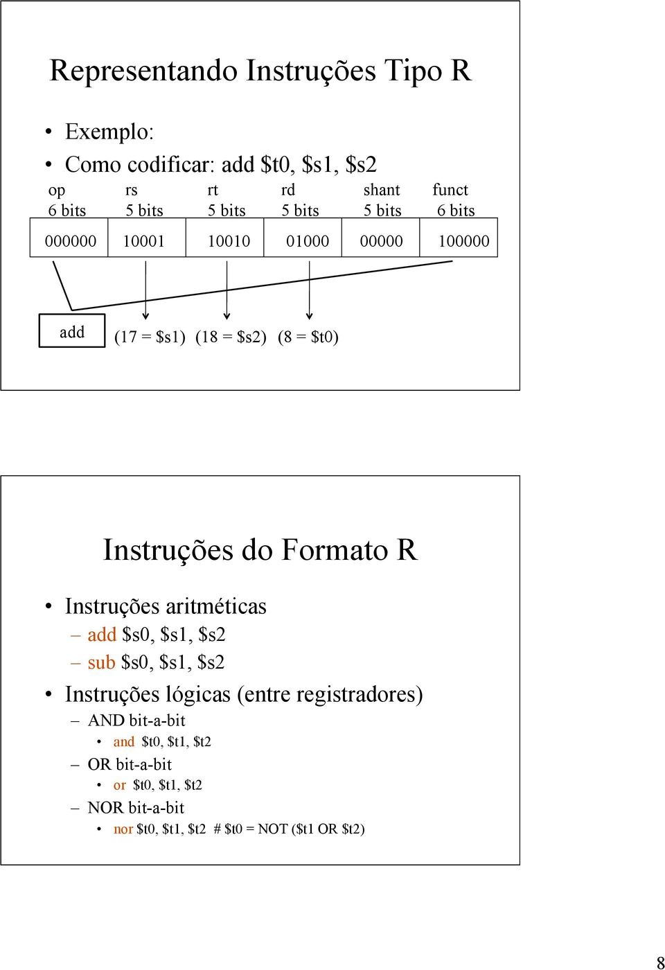 Formato R Instruções aritméticas add $s0, $s1, $s2 sub $s0, $s1, $s2 Instruções lógicas (entre registradores) AND