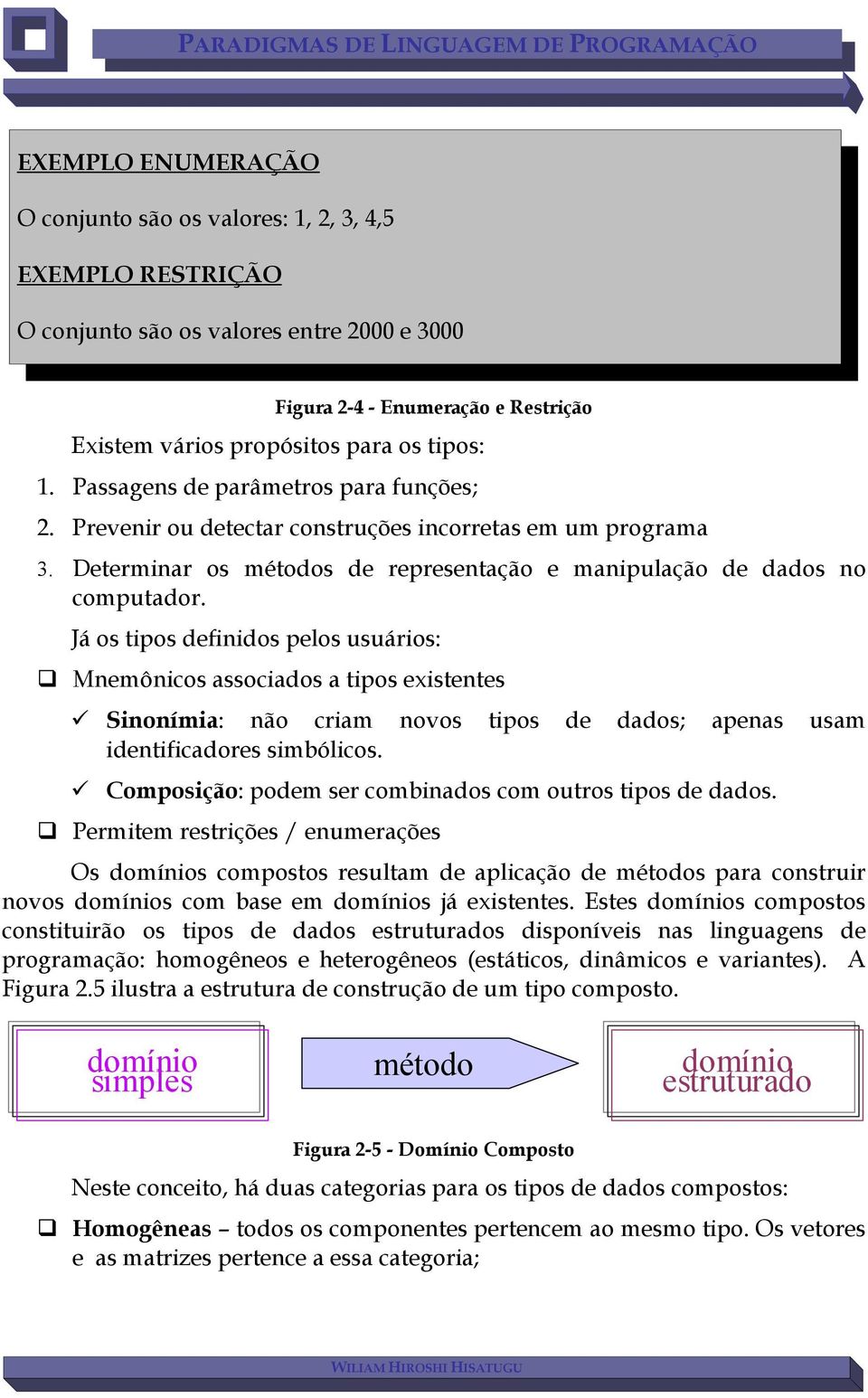 Já os tipos definidos pelos usuários: Mnemônicos associados a tipos existentes Sinonímia: não criam novos tipos de dados; apenas usam identificadores simbólicos.