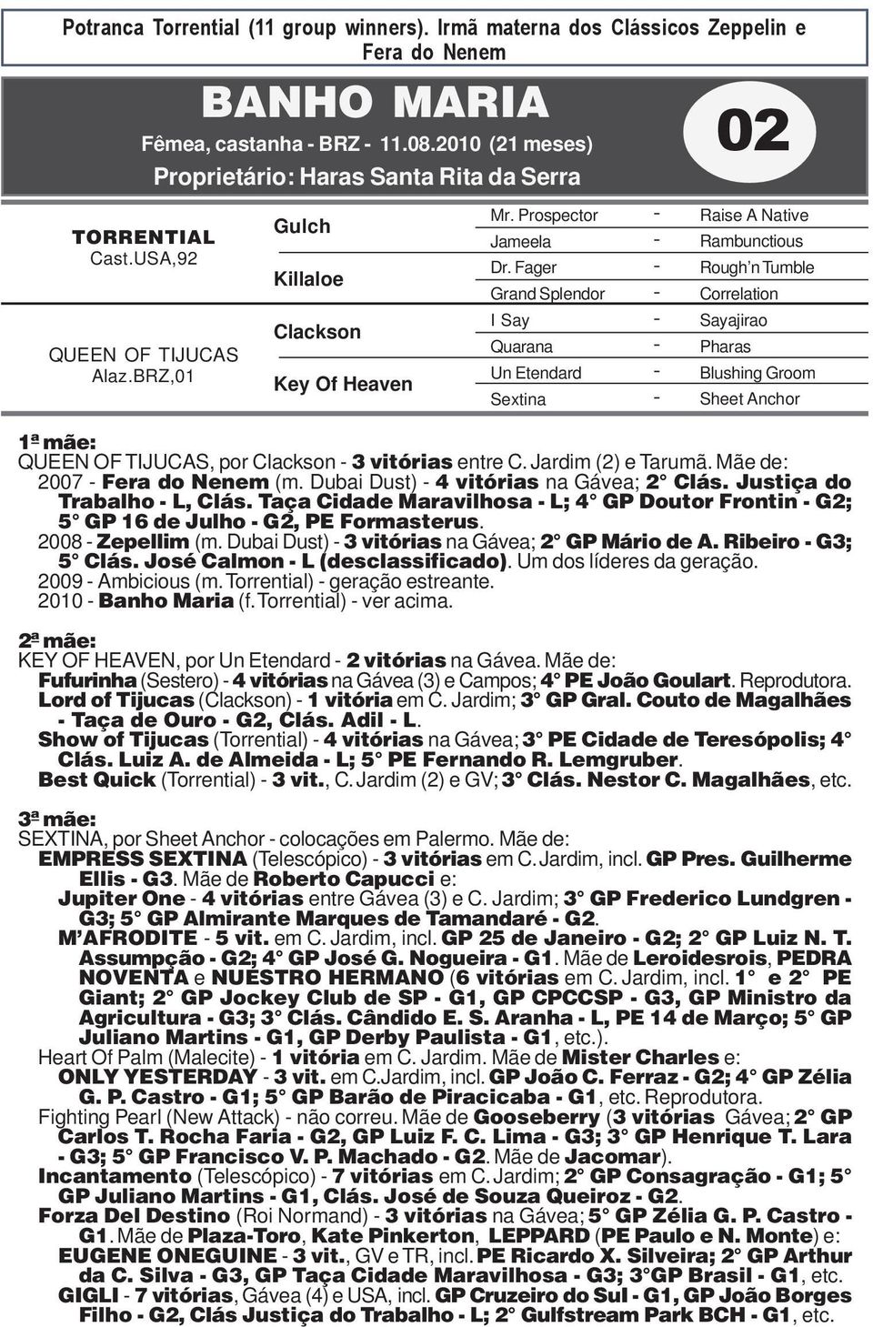 Jardim (2) e Tarumã. Mãe de: 2007 Fera do Nenem (m. Dubai Dust) 4 vitórias na Gávea; 2 Clás. Justiça do Trabalho L, Clás.