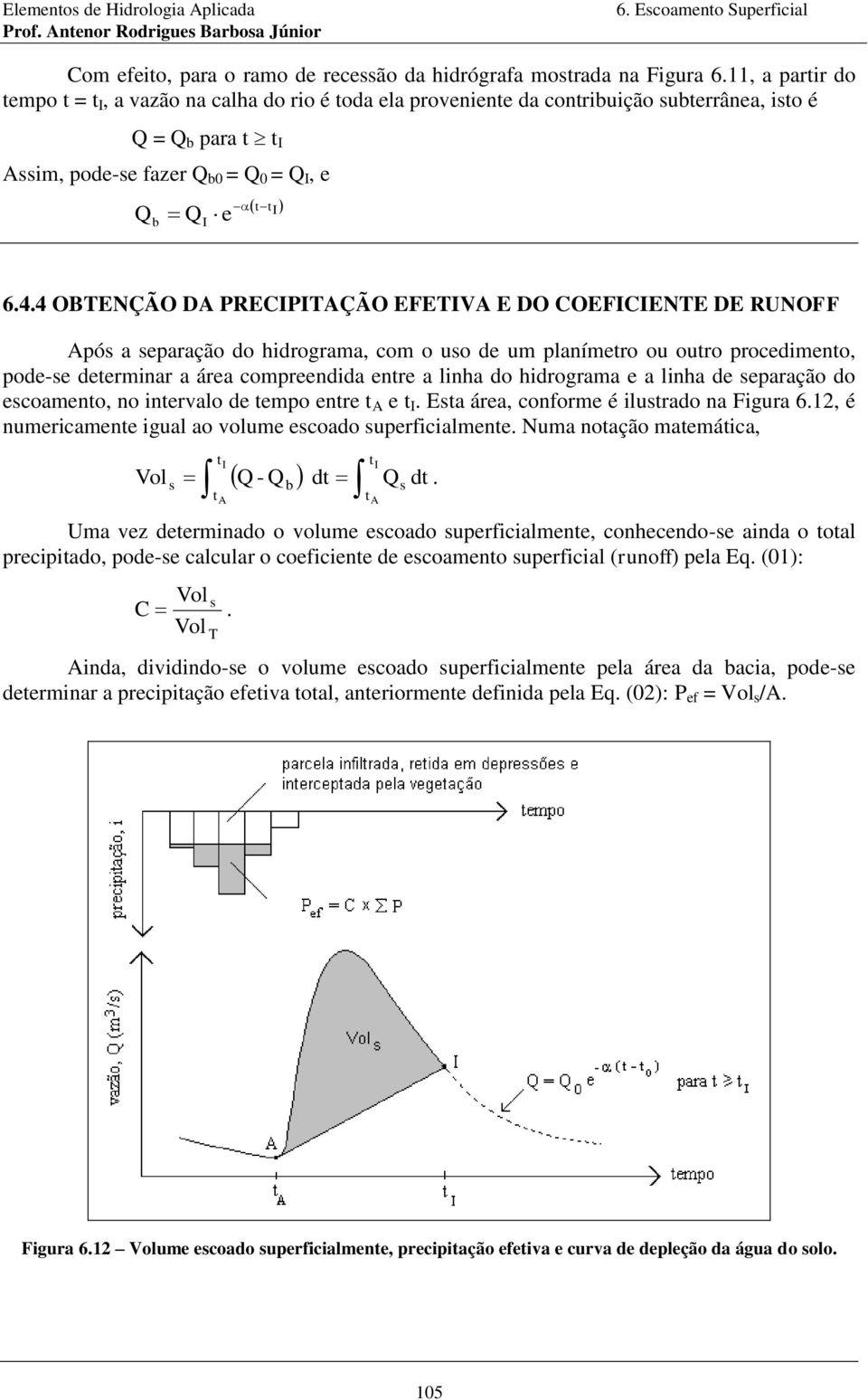 4 OBTENÇÃO DA PRECIPITAÇÃO EFETIVA E DO COEFICIENTE DE RUNOFF Apó a eparação do hidrograma com o o de m planímero o oro procedimeno pode-e deerminar a área compreendida enre a linha do hidrograma e a