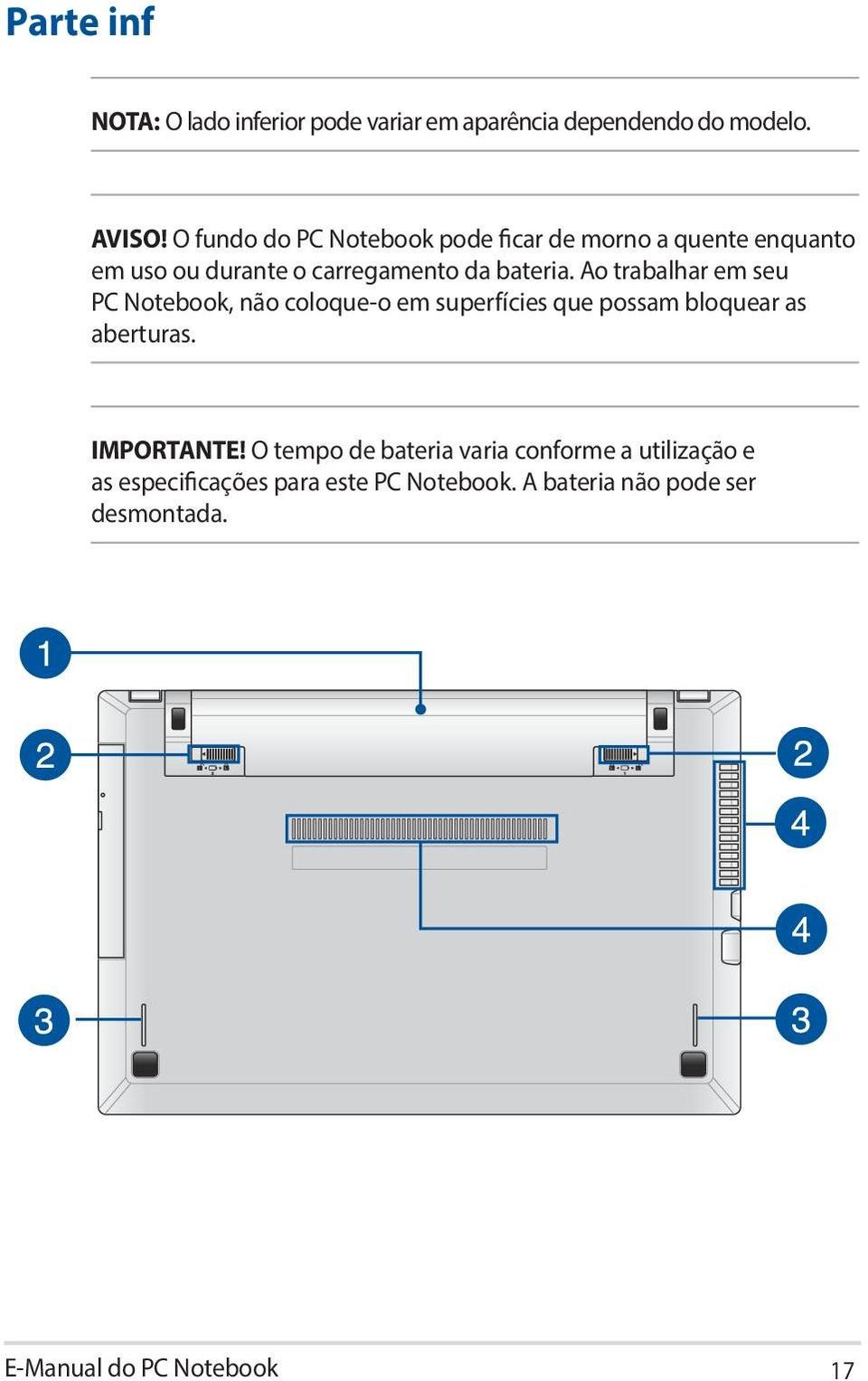 Ao trabalhar em seu PC Notebook, não coloque-o em superfícies que possam bloquear as aberturas. IMPORTANTE!