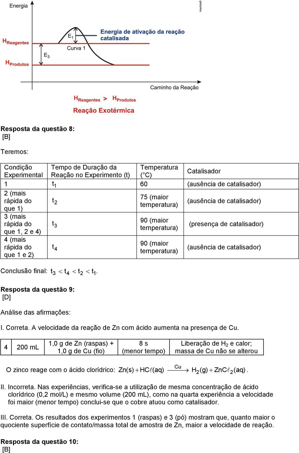 Resposta da questão 9: [D] Análise das afirmações: 90 (maior temperatura) 90 (maior temperatura) (presença de catalisador) (ausência de catalisador) I. Correta.