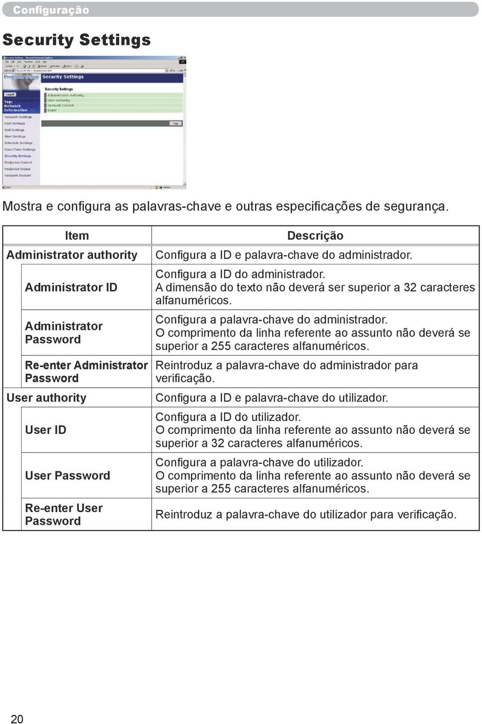 administrador. Configura a ID do administrador. A dimensão do texto não deverá ser superior a 32 caracteres alfanuméricos. Configura a palavra-chave do administrador.