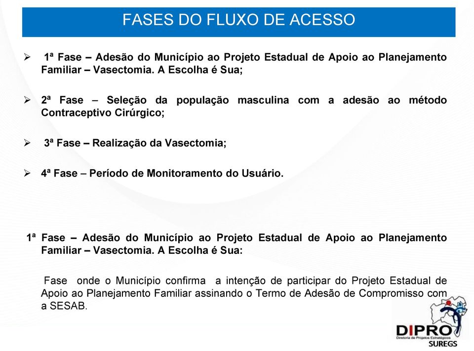 Fase Período de Monitoramento do Usuário. 1ª Fase Adesão do Município ao Projeto Estadual de Apoio ao Planejamento Familiar Vasectomia.