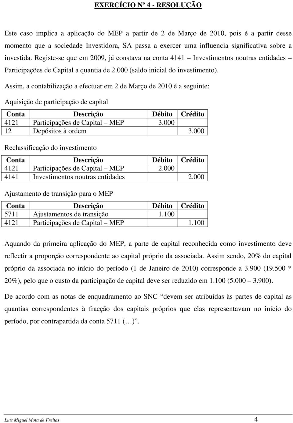 Assim, a contabilização a efectuar em 2 de Março de 2010 é a seguinte: Aquisição de participação de capital 4121 Participações de Capital MEP 3.000 12 Depósitos à ordem 3.