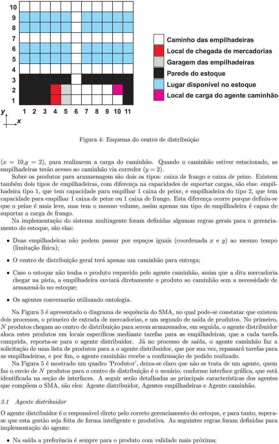 Quando o caminhão estiver estacionado, as empilhadeiras terão acesso ao caminhão via corredor (y =2). Sobre os produtos para armazenagem são dois os tipos: caixa de frango e caixa de peixe.