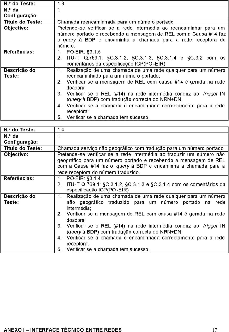 de REL com a Causa #14 faz o query à BDP e encaminha a chamada para a rede receptora do número. Referências: 1. PO-EIR: 3.1.5 2. ITU-T Q.769.1: C.3.1.2, C.3.1.3, C.3.1.4 e C.3.2 com os comentários da especificação ICP(PO -EIR) Descrição do Teste: 1.