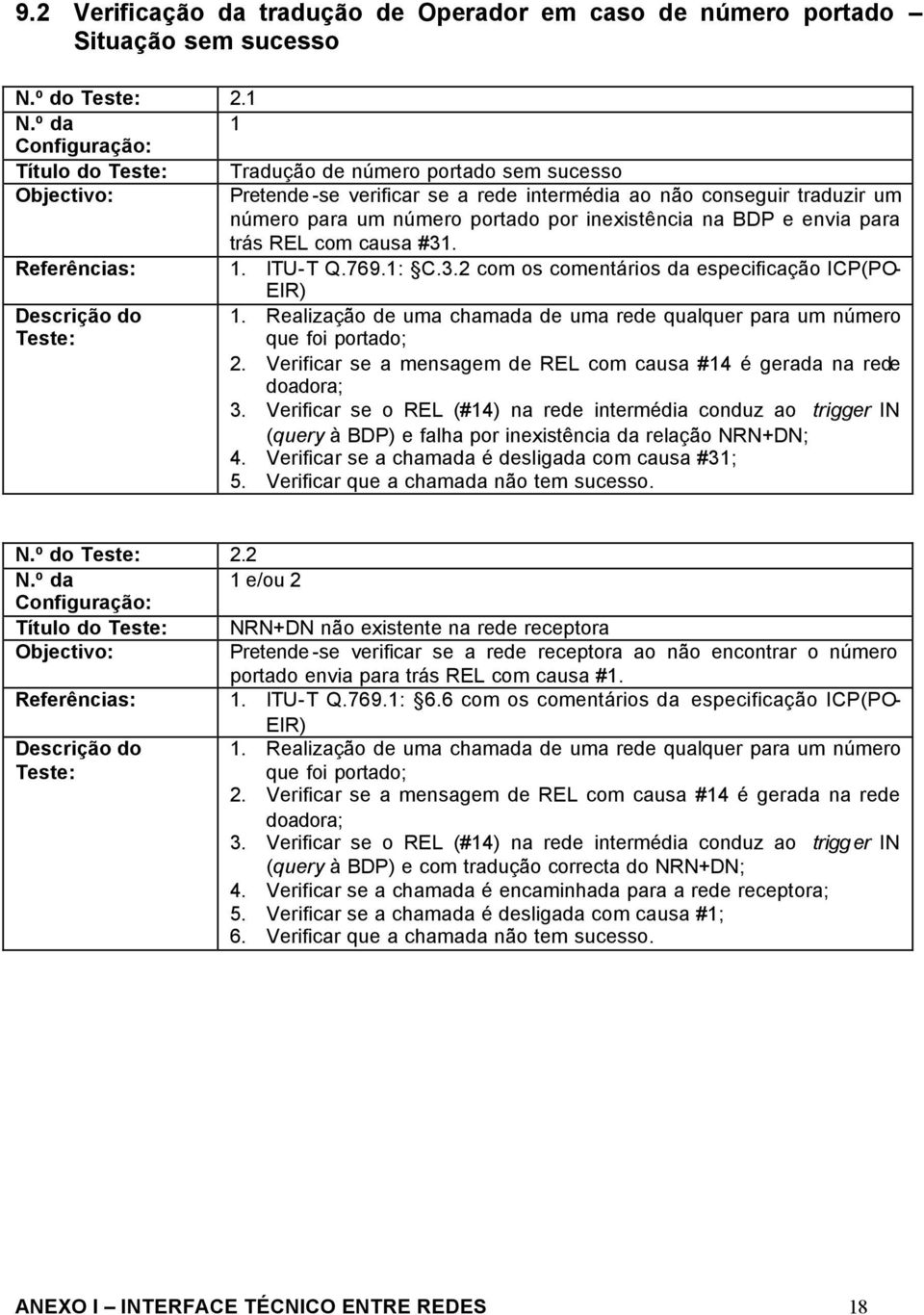 inexistência na BDP e envia para trás REL com causa #31. Referências: 1. ITU-T Q.769.1: C.3.2 com os comentários da especificação ICP(PO- EIR) Descrição do 1.