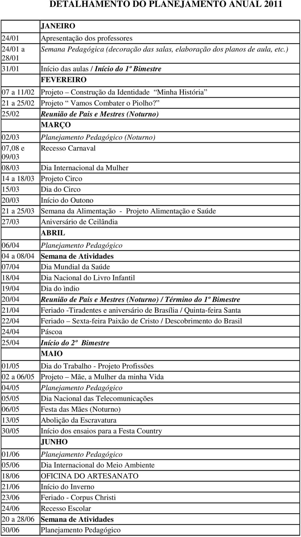 25/02 Reunião de Pais e Mestres (Noturno) MARÇO 02/03 Planejamento Pedagógico (Noturno) 07,08 e 09/03 Recesso Carnaval 08/03 Dia Internacional da Mulher 14 a 18/03 Projeto Circo 15/03 Dia do Circo