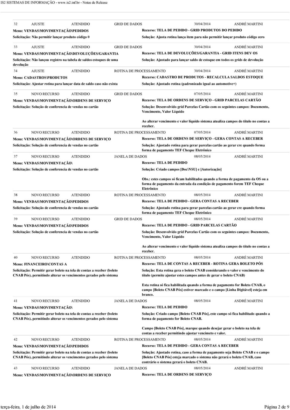 DEVOLUÇÕES/GARANTIA - GRID ITENS DEV OS Solução: Ajustado para lançar saldo de estoque em todos os grids de devolução 34 AJUSTE ATENDIDO ROTINA DE PROCESSAMENTO CADASTROS\PRODUTOS Solicitação: