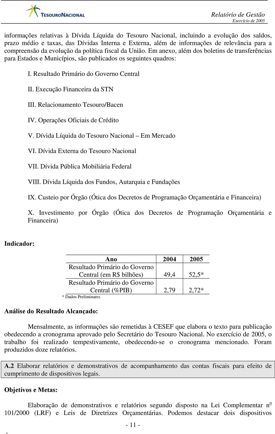 Execução Financeira da STN III. Relacionamento Tesouro/Bacen IV. Operações Oficiais de Crédito V. Dívida Líquida do Tesouro Nacional Em Mercado VI. Dívida Externa do Tesouro Nacional VII.