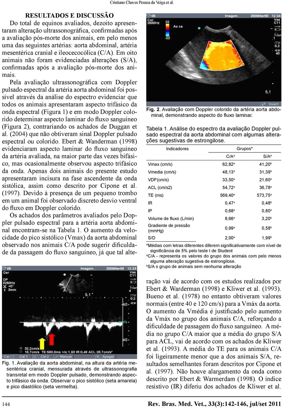 Observar o pico sistólico (seta amarela) e pico diastólico (seta vermelha). 144 Fig. 2. Avaliação com Doppler colorido da artéria aorta abdominal, demonstrando aspecto do fluxo laminar. Tabela 1.