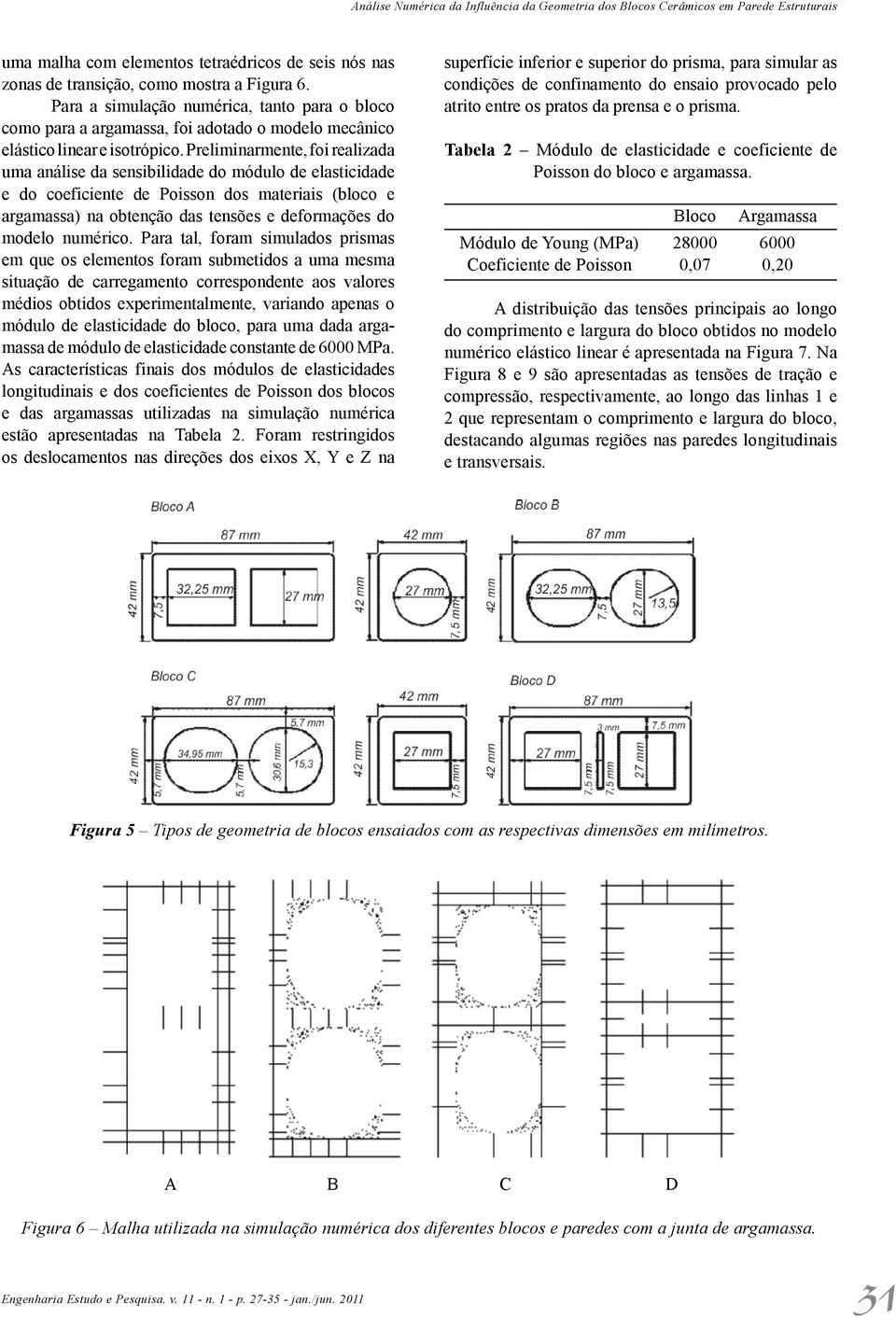 Preliminarmente, foi realizada uma análise da sensibilidade do módulo de elasticidade e do coeficiente de Poisson dos materiais (bloco e argamassa) na obtenção das tensões e deformações do modelo