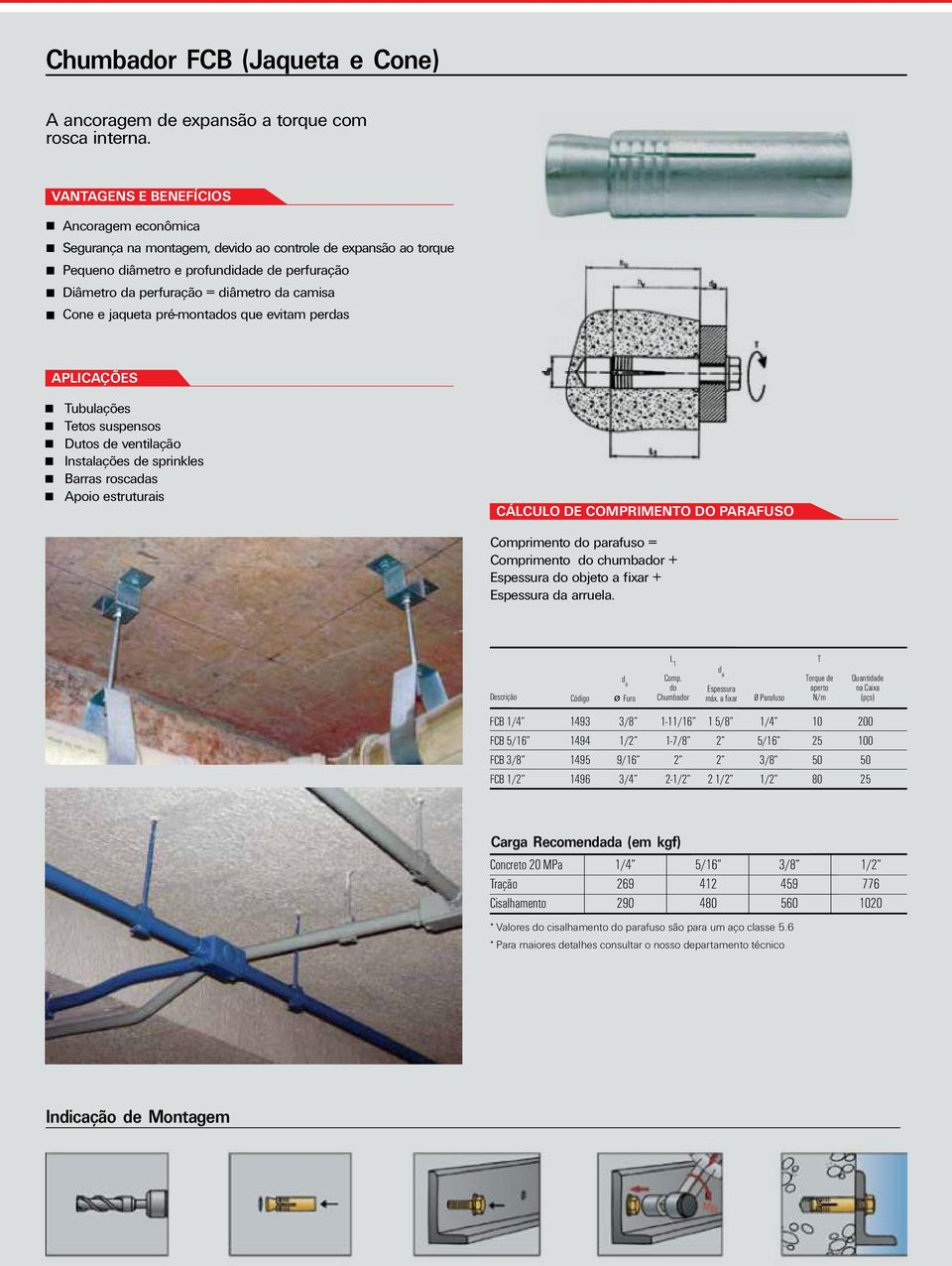 e jaqueta pré-montas que evitam perdas APLICAÇÕES Tubulações Tetos suspensos Dutos de ventilação Instalações de sprinkles Barras roscadas Apoio estruturais CÁLCULO DE COMPRIMENTO DO PARAFUSO
