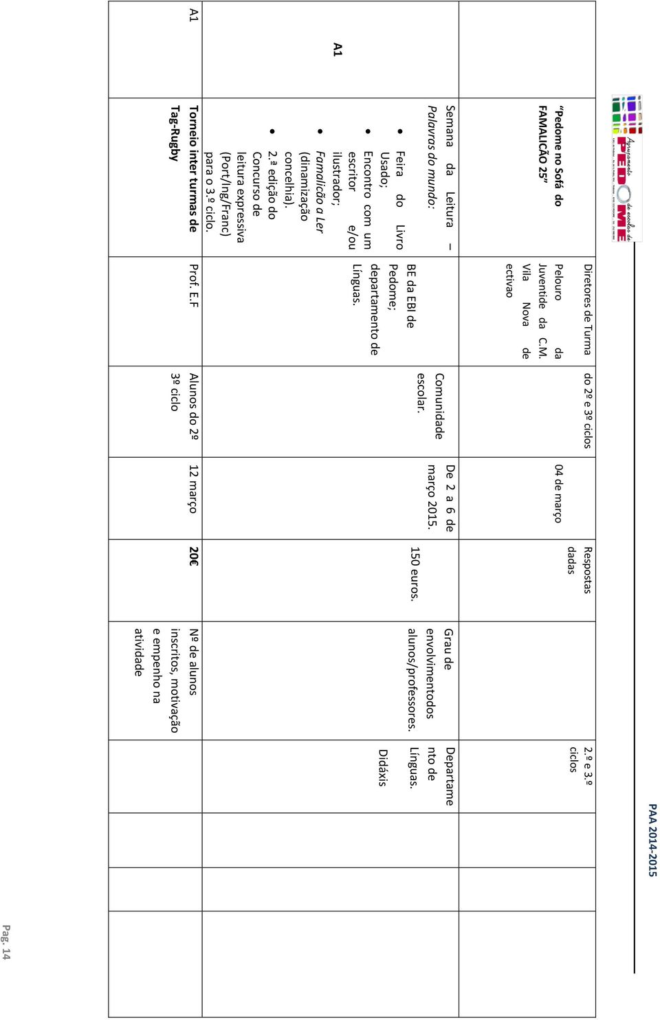 Torneio inter turmas de Tag-Rugby Diretores de Turma do 2º e 3º ciclos Pelouro da Juventide da C.M. Vila Nova de ectiva o BE da EBI de Pedome; departamento de Línguas.