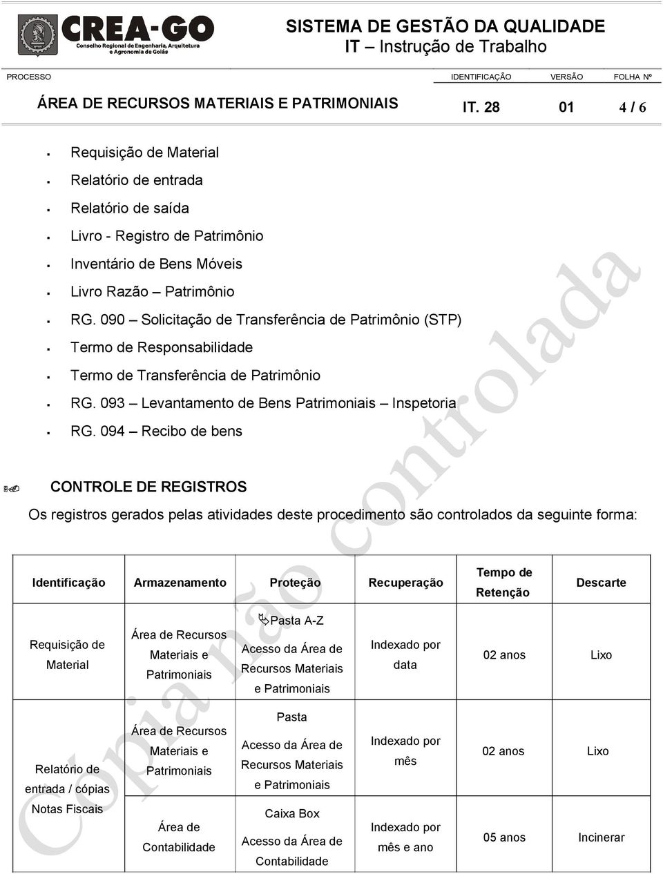 090 Solicitação de Transferência de Patrimônio (STP) Termo de Responsabilidade Termo de Transferência de Patrimônio RG. 093 Levantamento de Bens Inspetoria RG. 094 Recibo de bens 5.