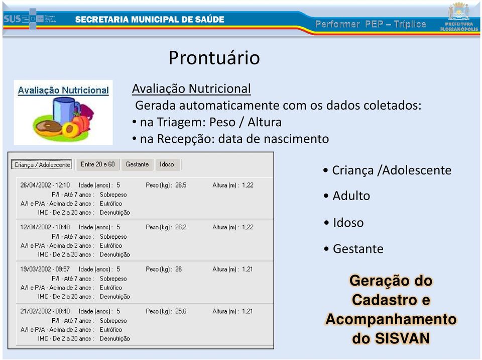 Recepção: data de nascimento Criança /Adolescente Adulto