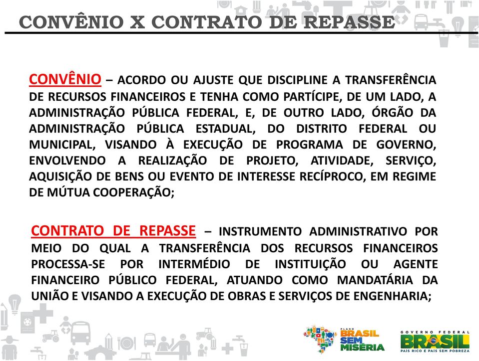 SERVIÇO, AQUISIÇÃO DE BENS OU EVENTO DE INTERESSE RECÍPROCO, EM REGIME DE MÚTUA COOPERAÇÃO; CONTRATO DE REPASSE INSTRUMENTO ADMINISTRATIVO POR MEIO DO QUAL A TRANSFERÊNCIA DOS